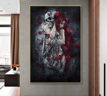 Skull Wall Art Painting Red Rose Canvas Picture Long-Haired Woman Poster and Print for Home Interior Decor Frameless Wall Print